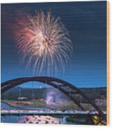 Fireworks Light The Night Sky Over The 360 Bridge On Lake Austin Wood Print