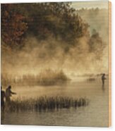 Fishermen In The Mist Wood Print