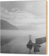 Fishing At Dawn Grayscale Wood Print