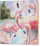 Five Flamingos Wood Print