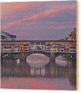 Florence Ponte Vecchio Panorama Sunrise Reflection Wood Print