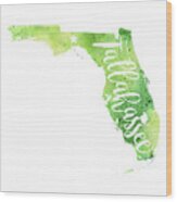 Florida Watercolor Map - Tallahassee Hand Lettering Wood Print