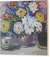 Flowers And Coffee Pot Wood Print