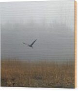 Foggy Morning Heron In Flight Wood Print