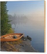 Foggy Morning On Spice Lake Wood Print