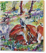 Forest Doe And Fawn Whimsical Watercolor Wood Print
