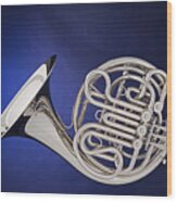 French Horn Silver Isolated On Blue Wood Print