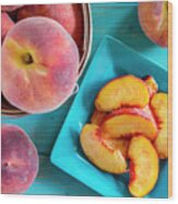 Fresh Organic Yellow Peaches And Peach Salsa Wood Print