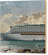 Front Of Luxury Cruise Ship Moored Beyond Rocks Wood Print