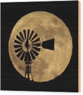 Full Moon Behind Windmill Wood Print
