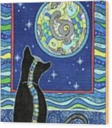 Pisces Cat Zodiac - Full Moon Wood Print