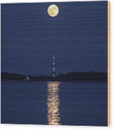 Full Moon Over Cape Lookout Light Wood Print