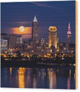 Full Moonrise Over Cleveland Wood Print