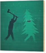 Funny Cartoon Christmas Tree Is Chased By Lumberjack Run Forrest Run Wood Print