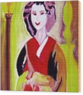 Geisha Girl Portrait Painted With Picasso Style Wood Print