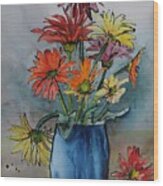 Gerberas In A Blue Pot Wood Print