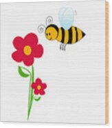Giant Bumble Bee And Red Flowers Wood Print