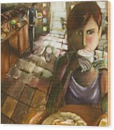 Girl At The Cafe Wood Print