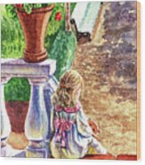 Girl In The Garden With Teddy Bear Wood Print