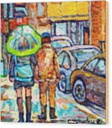 Girl With Green Umbrella Rainy Day Rue Wellington Walking Verdun Streets Canadian Art C Spandau Wood Print