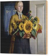 Girl With Sunflowers Wood Print