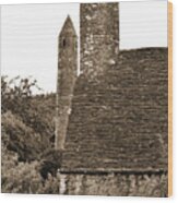 Glendalough Round Towers And St Kevins Kitchen County Wicklow Ireland Sepia Wood Print