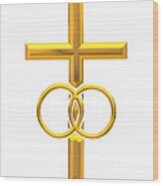 Golden 3d Look Cross With Wedding Rings Wood Print