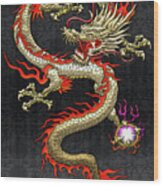 Golden Chinese Dragon Fucanglong On Black Silk Wood Print