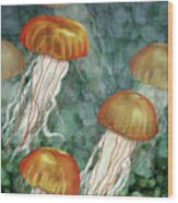 Golden Jellyfish In Green Sea Wood Print