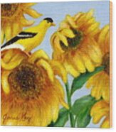 Goldfinch And Sunflowers Wood Print