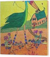 Green Crane With Leggings And Painted Toes Wood Print