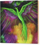 Green Phoenix In Bright Cosmos Wood Print