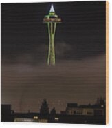 Green Space Needle Rising Out Of The Fog Wood Print
