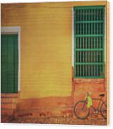 Green Towel Bicycle Wood Print