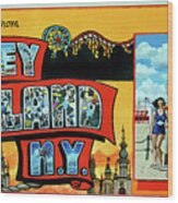 Greetings From Coney Island N.y. Towel Version Too Wood Print