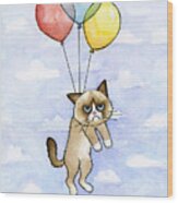 Grumpy Cat And Balloons Wood Print