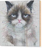 Grumpy Cat Watercolor Painting Wood Print