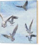 Gulls In Flight Watercolor Wood Print