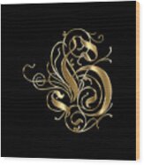 H Ornamental Letter Gold Typography Wood Print