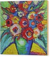 Happy Bouquet Of Poppies And Colorful Wildflowers On Round Yellow Table Impasto Abstract Flowers Wood Print