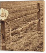 Hat And Lasso On Fence Wood Print