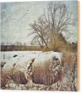 Hay Bales In Snow Wood Print