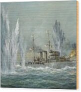 Hms Exeter Engaging In The Graf Spree At The Battle Of The River Plate Wood Print