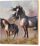 Horses In Fall Wood Print