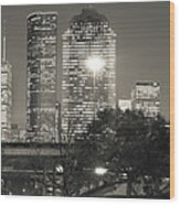 Houston Skyline At Dusk In Sepia - Panoramic Cityscape Wood Print