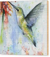 Hummingbird And Red Flower Watercolor Wood Print