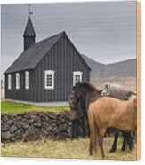 Icelandic Horses And Budir Church Iceland Wood Print