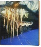Icicles Dropping Water In Winter With Sun Shining Through Wood Print
