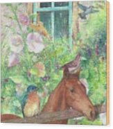 Illustrated Horse And Birds In Garden Wood Print