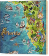 Illustrated Map Of Florida Wood Print
